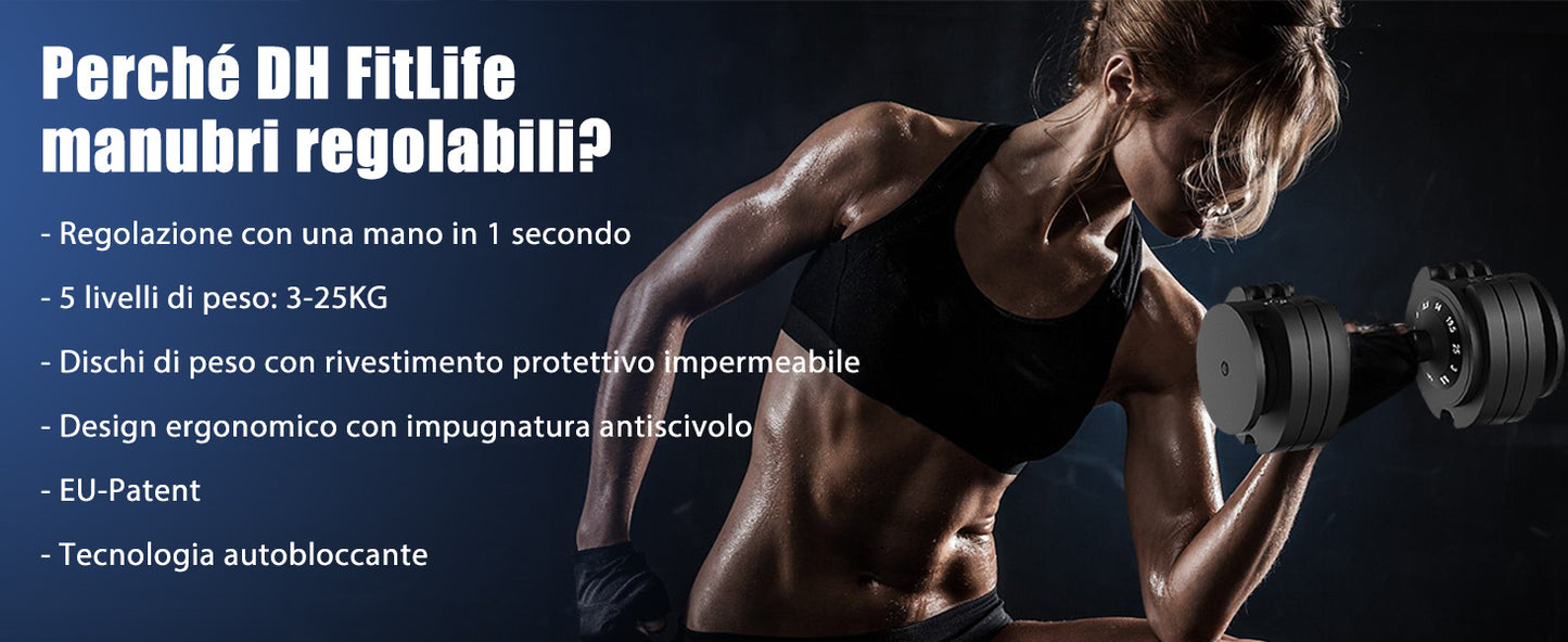 Adjustable DH Fitlife 25Kg Dumbbells from 3 to 25 Kg with Weight Rack Base, Modular Dumbbell Set with 5 Weights in 1, Space-Saving Adjustable Dumbbells for Home Workout