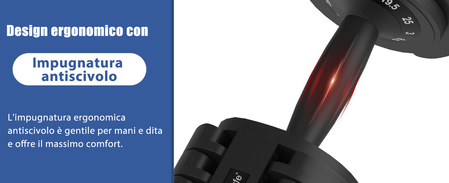 Adjustable DH Fitlife 25Kg Dumbbells from 3 to 25 Kg with Weight Rack Base, Modular Dumbbell Set with 5 Weights in 1, Space-Saving Adjustable Dumbbells for Home Workout