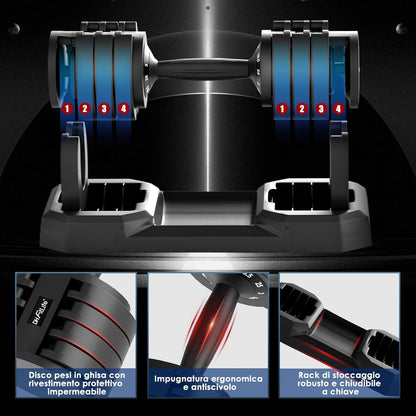 Adjustable DH Fitlife 25Kg Dumbbells from 3 to 25 Kg with Weight Rack Base, Modular Dumbbell Set with 5 Weights in 1, Space-Saving Adjustable Dumbbells for Home Workout