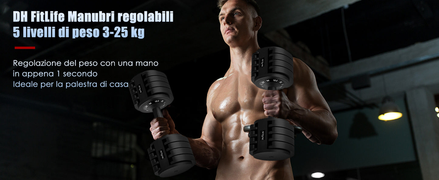 Adjustable DH Fitlife 25Kg Dumbbells from 3 to 25 Kg with Weight Rack Base, Modular Dumbbell Set with 5 Weights in 1, Space-Saving Adjustable Dumbbells for Home Workout