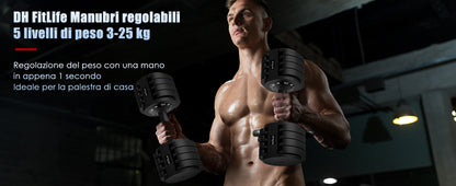 Adjustable DH Fitlife 25Kg Dumbbells from 3 to 25 Kg with Weight Rack Base, Modular Dumbbell Set with 5 Weights in 1, Space-Saving Adjustable Dumbbells for Home Workout