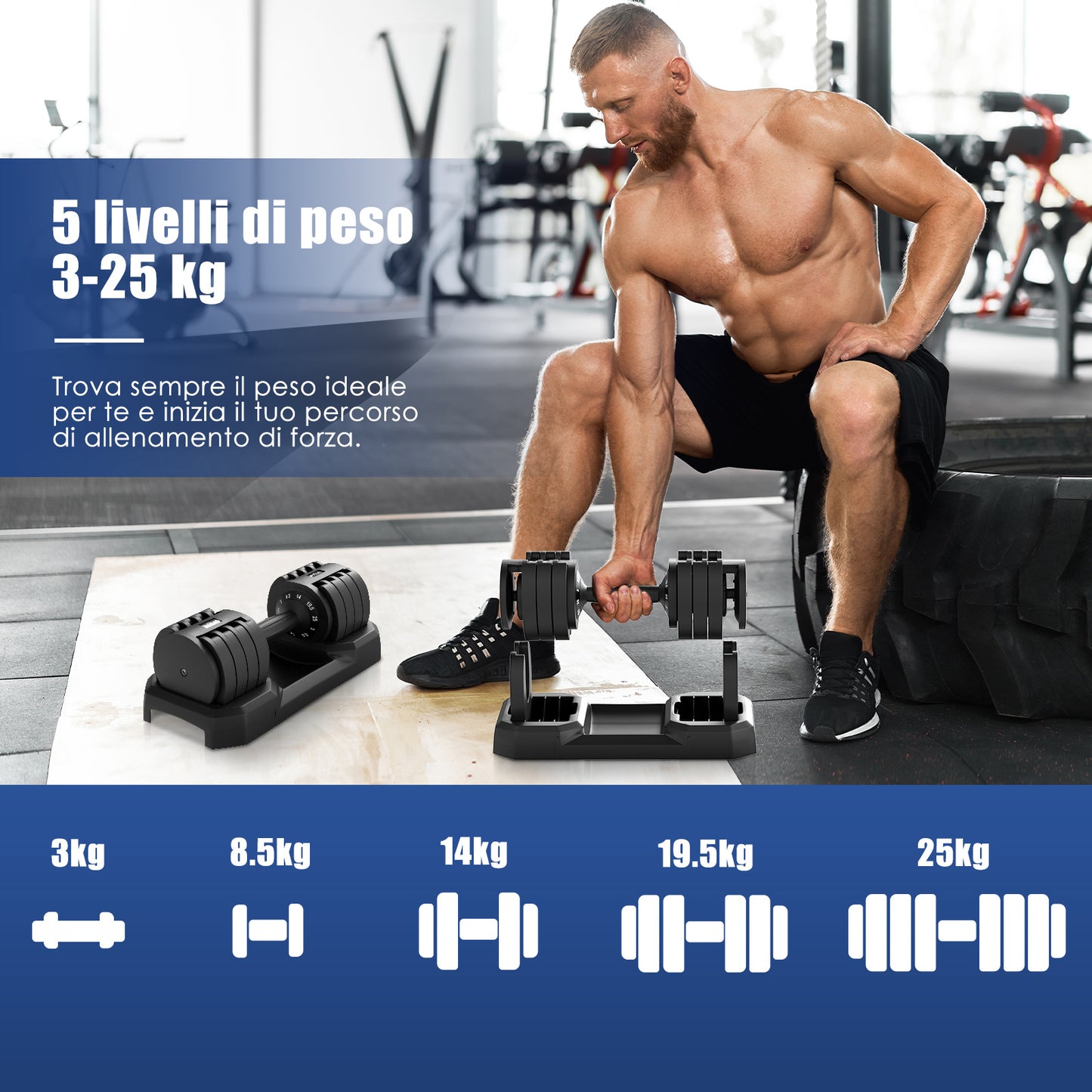 Adjustable DH Fitlife 25Kg Dumbbells from 3 to 25 Kg with Weight Rack Base, Modular Dumbbell Set with 5 Weights in 1, Space-Saving Adjustable Dumbbells for Home Workout
