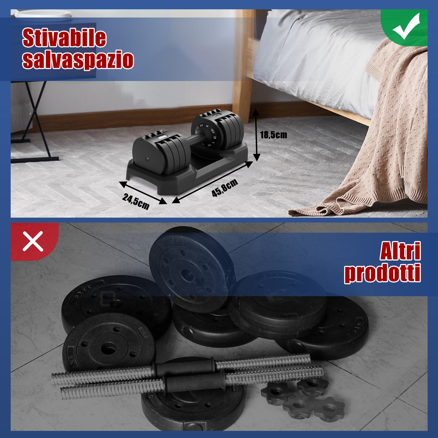 Adjustable DH Fitlife 25Kg Dumbbells from 3 to 25 Kg with Weight Rack Base, Modular Dumbbell Set with 5 Weights in 1, Space-Saving Adjustable Dumbbells for Home Workout