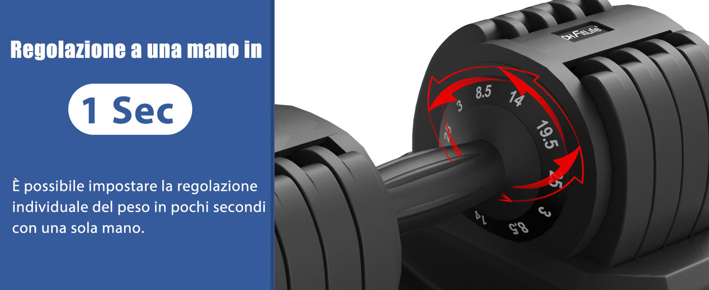 Adjustable DH Fitlife 25Kg Dumbbells from 3 to 25 Kg with Weight Rack Base, Modular Dumbbell Set with 5 Weights in 1, Space-Saving Adjustable Dumbbells for Home Workout