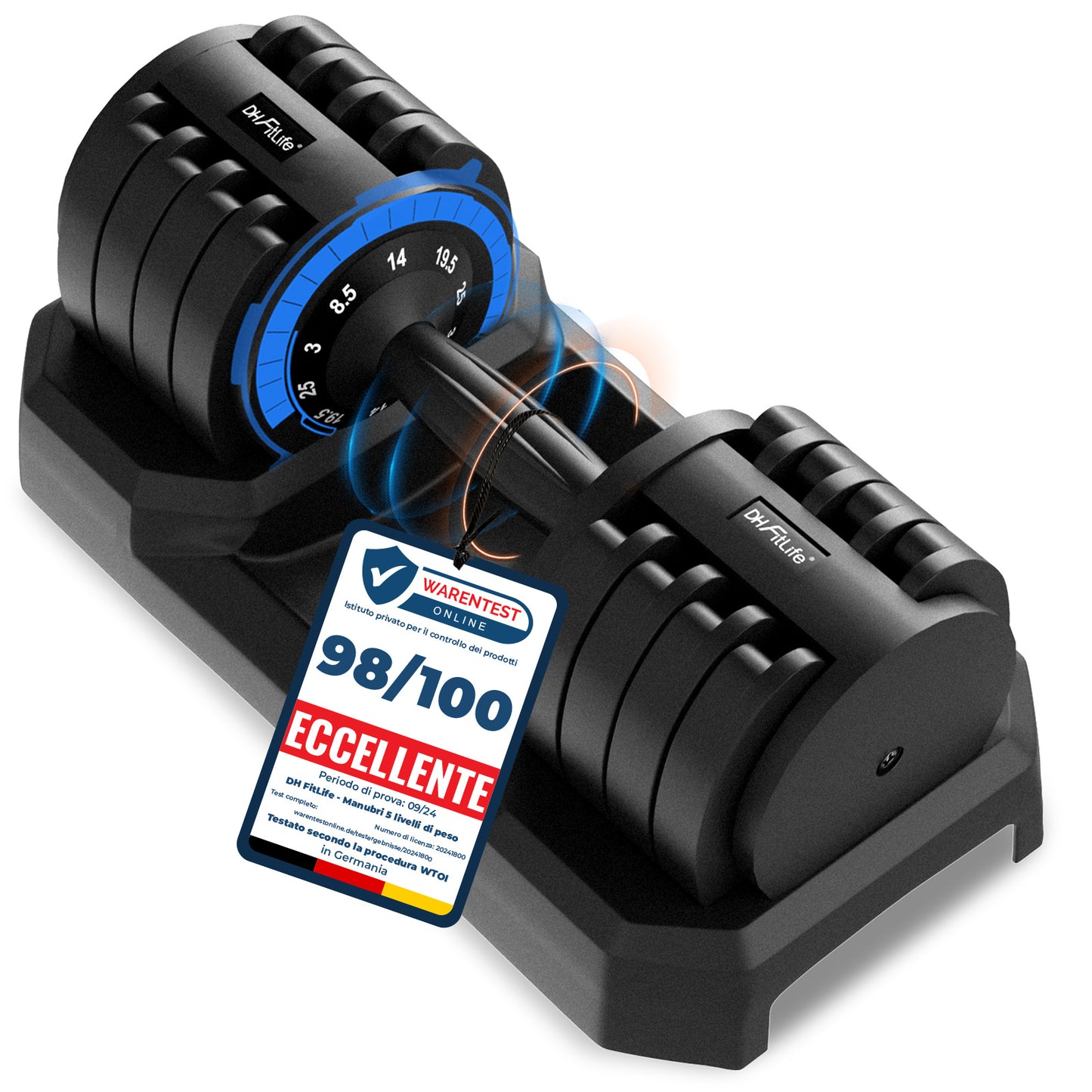 Adjustable DH Fitlife 25Kg Dumbbells from 3 to 25 Kg with Weight Rack Base, Modular Dumbbell Set with 5 Weights in 1, Space-Saving Adjustable Dumbbells for Home Workout